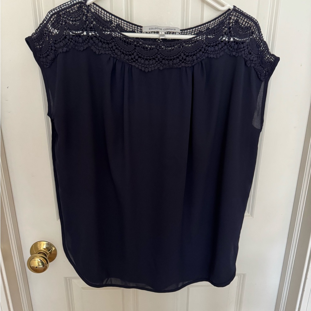 Collective Concepts Navy Lace Trim Top